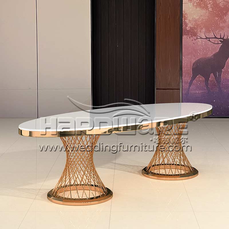 Modern Oval Dining Table Rose Gold Bird Cage Base