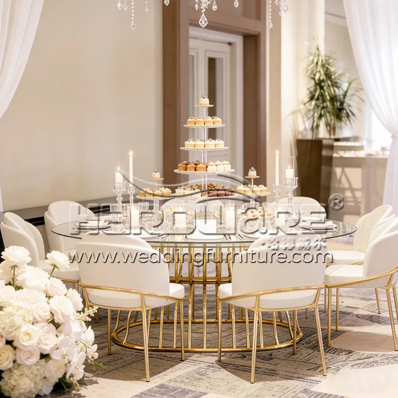 Oval Glass & Gold Cage Table for Luxury Wedding Reception
