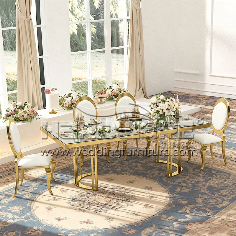 Gold-Framed Banquet Tables with Mirror Glass