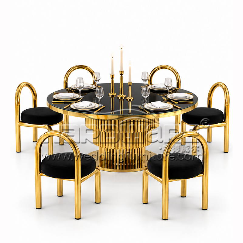 Luxury gold dining table set with black seat chairs